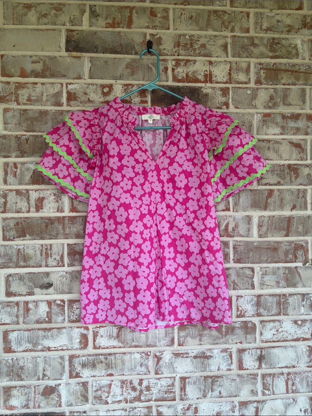 Entro Pink Floral Ruffle Sleeve Floral Blouse with Lime Trim